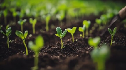Young Seedlings Emerging From Dark Soil