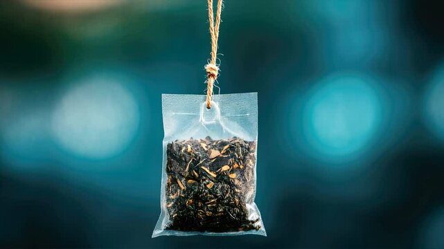 Natural Herbal Infusion Calming Beverage Experience with Loose Black Tea in Tea Bag Hanging by String Against Blurred Background