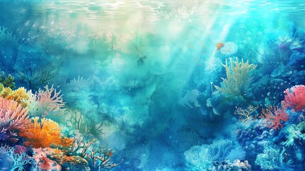 Obraz premium A vibrant underwater scene with colorful coral, fish and sunlight shining through the water.