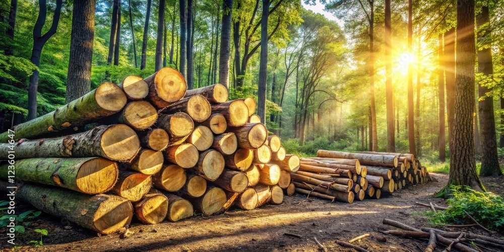 Poster a stack of cut logs rests in a forest clearing as the sun peeks through the trees, casting a warm go