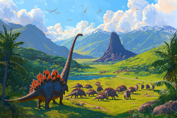 Prehistoric Paradise: A Herd of Stegosaurus Roams a Lush Valley