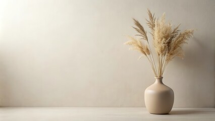 Dried Pampas Grass in a Beige Vase on a White Table Against a Neutral Wall