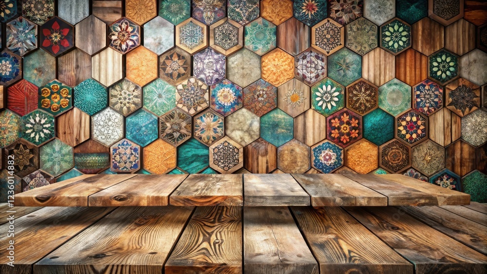 Leinwandbilder rustic wooden tabletop display with intricate hexagon pattern background