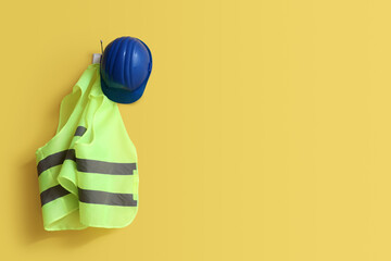 Safety vest and hardhat hanging on yellow wall