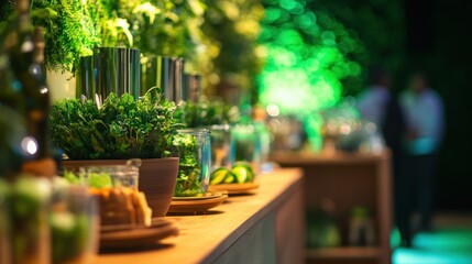Vibrant Culinary Herb Display at Night Event