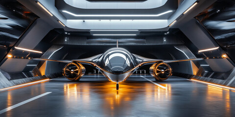 Fototapeta premium Futuristic aircraft displayed in sleek hangar environment