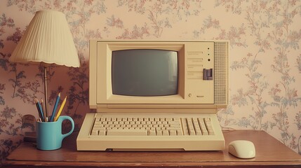 Vintage Computer Setup with Floral Wallpaper