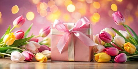 Fototapeta premium A Delicate Pink Gift Box Adorned with a Ribbon Nestled Amidst a Bouquet of Colorful Tulips on a Wooden Surface