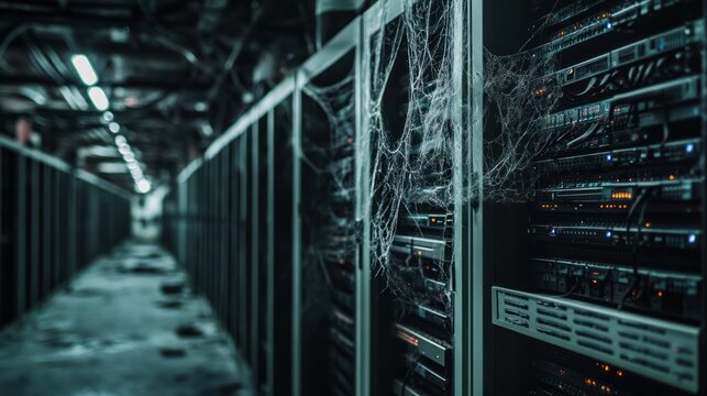 Abandoned server room with cobwebs, showing neglect and disuse.
