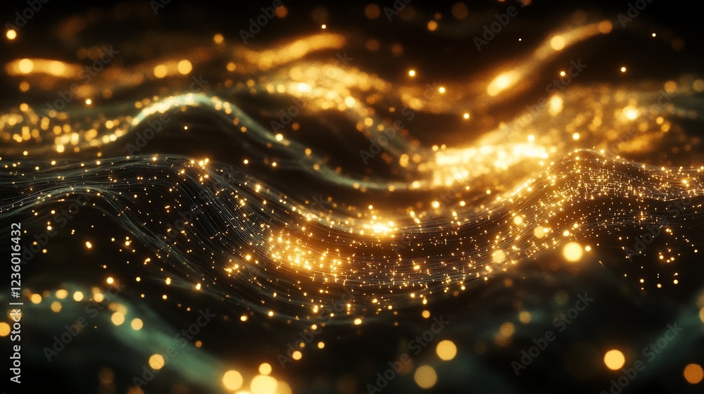 Poster abstract golden wave background with glowing particles and bokeh effects on dark background