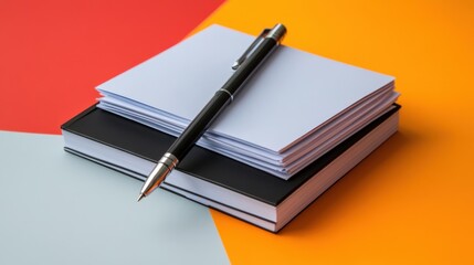 A pile of business documents and folders arranged on a modern color background