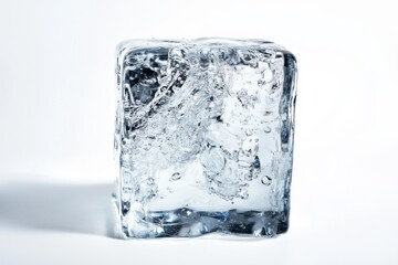 A large clear ice cube with water bubbles inside