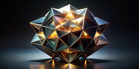 A gleaming golden and black geometric shape with intricate facets, creating a stunning visual abstract on a dark background