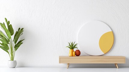 Minimalist living room decor, plants, yellow artwork