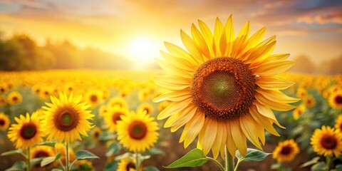 Obraz premium A bright yellow sunflower field with tall, swaying flowers and a few scattered petals on the ground , flowers, golden