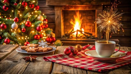 A steaming cup of coffee with a festive firework display and Christmas cookies on a rustic wooden table beside a decorated Christmas tree and fireplace.