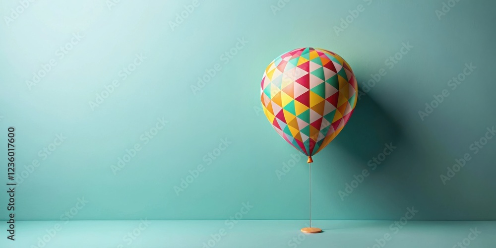 Poster a colorful geometric balloon tied to a string sits on a light blue surface in front of a blue wall.
