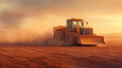 Wheel loader operating in dusty construction site during golden sunset, showcasing heavy machinery in action for industrial earthmoving and construction projects