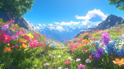 Obraz premium Vibrant Wildflower Meadow with Majestic Mountain View