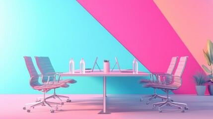 Conference table with office chairs, water bottles, and presentation materials, color background