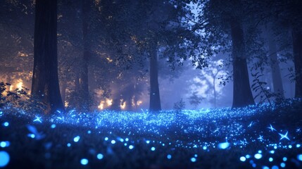 Enchanted Forest at Night with Glowing Blue Fireflies