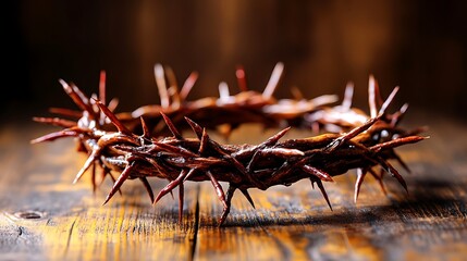 A single cross with a crown of thorns resting on it, bathed in soft light.
