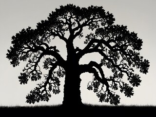 Sprawling branches of an oak tree forming bold silhouette
