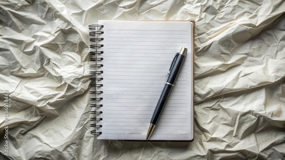 Poster A blank notebook with a black pen rests on a crumpled white surface, ready for the next idea to be captured.