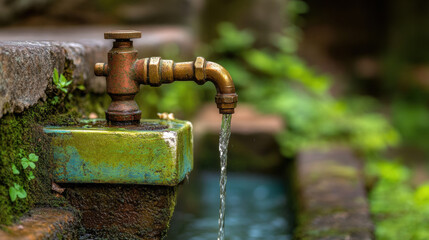 Abreuvoir, A close-up of a brass water spout pouring water, showcasing intricate details and high fidelity in a vibrant image.