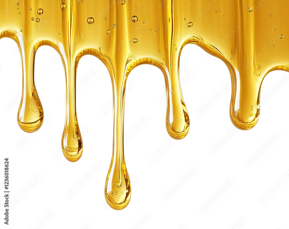 Poster golden honey dripping in smooth streams, isolated on transparent cutout background