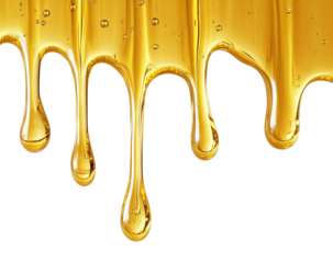 Golden honey dripping in smooth streams, isolated on transparent cutout background