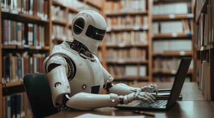 Fototapeta premium Robot using laptop in library