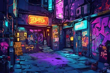 Fototapeta premium Vibrant cyberpunk alley with graffiti and neon lights at night