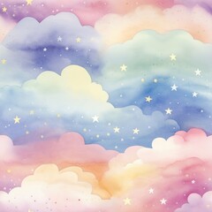 Background from magical fairy-tale gentle rainbow clouds with stars. For design of holiday invitations and cards.