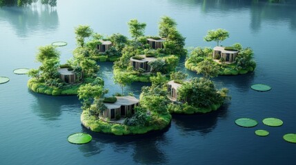 Fototapeta premium Tranquil lake houses nestled amongst lush green islands