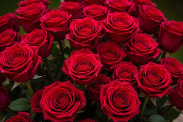 Lush bouquet of red roses with green leaves on blurred