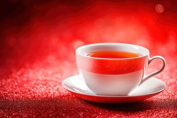 Fototapeta premium A steaming cup of tea sits on a red surface