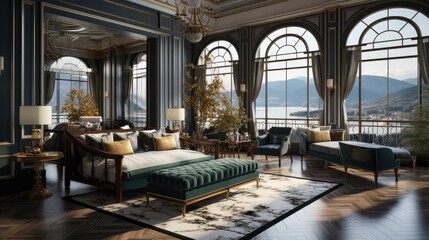 Rich stylish interior with luxurious views. Fashionable design with places to relax, relax and work. Large panoramic windows.
