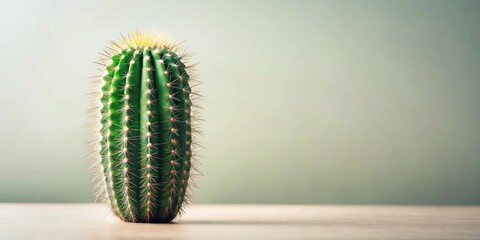 Naklejka premium A single green cactus with sharp spines stands tall against a soft green background. The cactus is a symbol of resilience and growth, reminding us to persevere through difficult times.