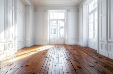 Obraz premium Spacious room with wooden floors and windows