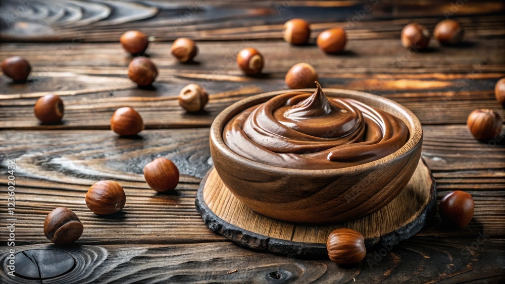 Poster a bowl of rich and decadent hazelnut spread on a rustic wooden table, surrounded by scattered hazeln