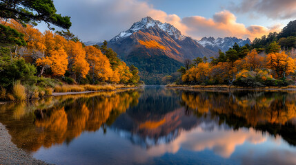 Obraz premium Snow-capped mountain peak reflects in a calm river surrounded by vibrant autumn forest during golden hour.