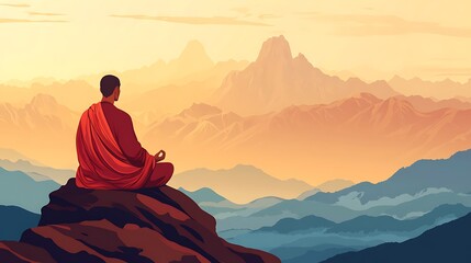 Monk meditating on mountain peak at sunrise