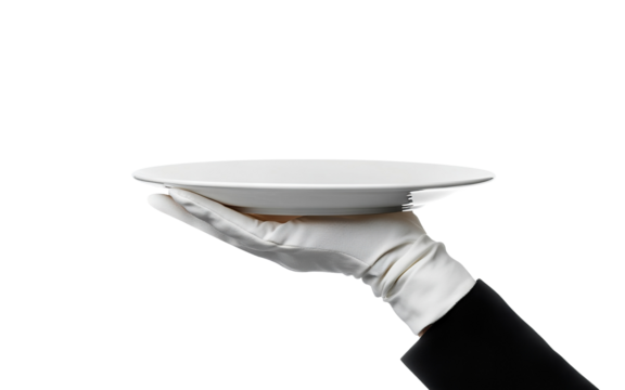 Waiter’s hand in white glove holding empty plate, isolated on transparent cutout background