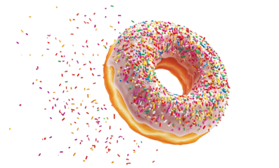 Delicious pink frosted donut with colorful sprinkles, isolated on transparent cutout background