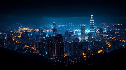 Obraz premium Night cityscape, harbor view, Hong Kong, illuminated skyscrapers, panoramic