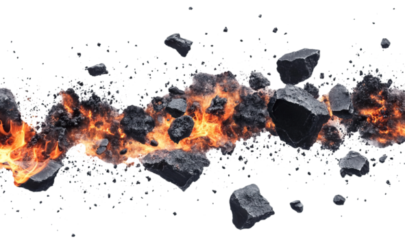 Exploding fiery stones with flames and smoke, isolated on transparent cutout background