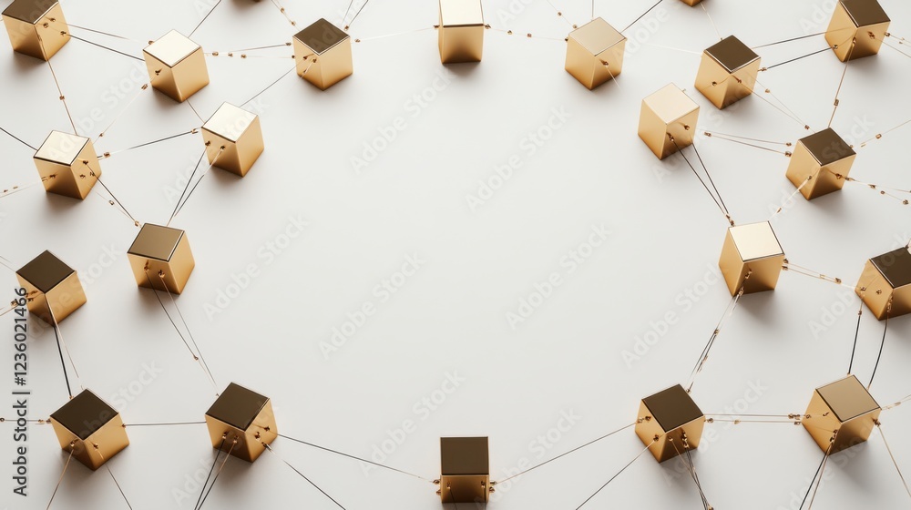 Aufkleber golden geometric cubes connected by lines on a white surface, symbolizing technology and networking