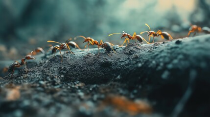 Red Ants Marching On Dark Ground Close Up