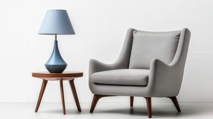 Grey sofa chair, wooden frame desk lamp